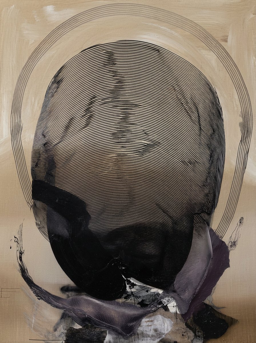 Fractured #12, a head of fine black lines coming apart over textured cream