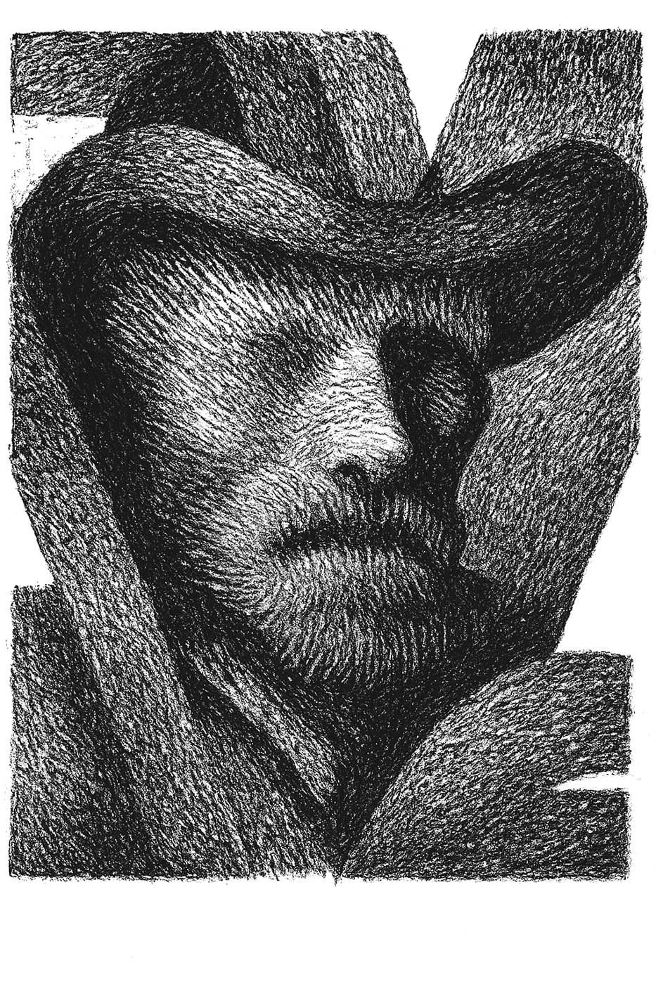 Crayon drawing of a bearded man in a hat, eyes closed
