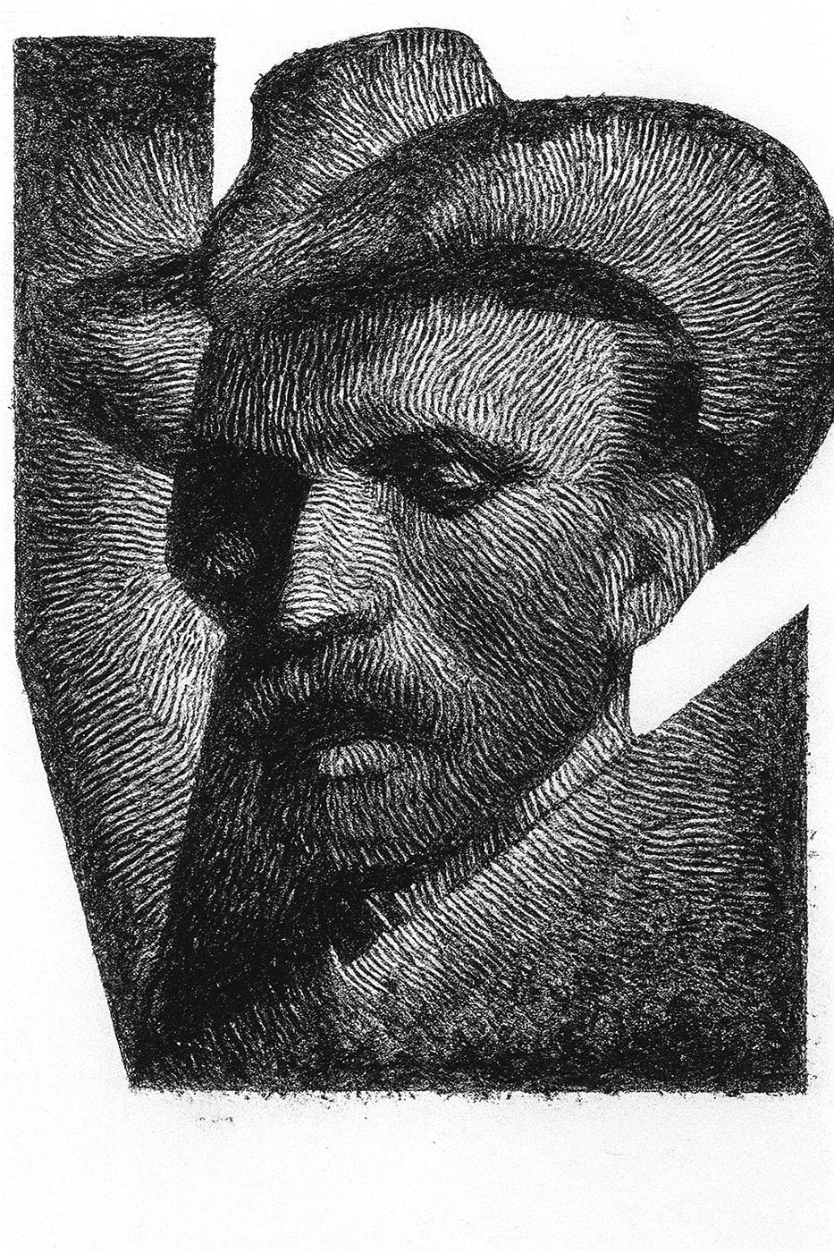 Crayon drawing of a bearded man in a hat, looking out
