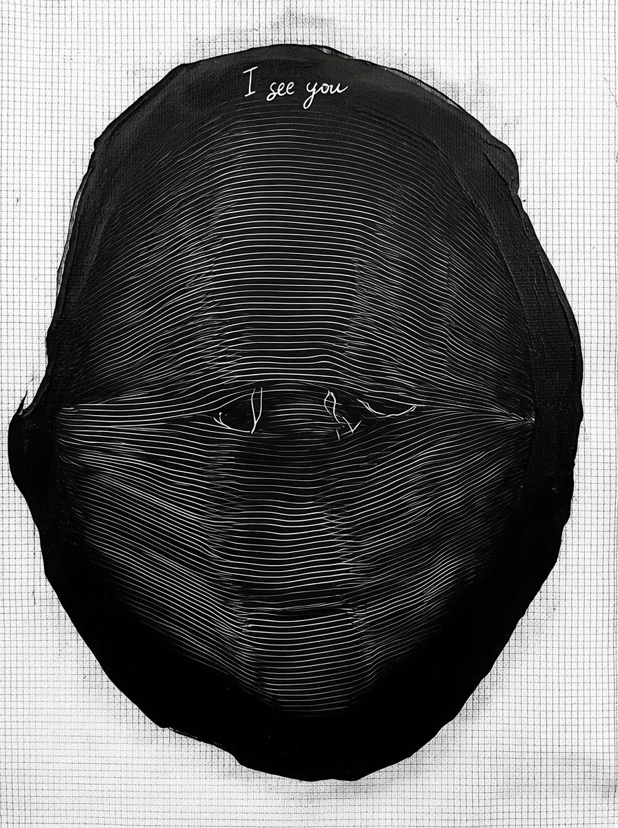 I See You, a black head of fine white lines on grid paper, the words I see you written at the top
