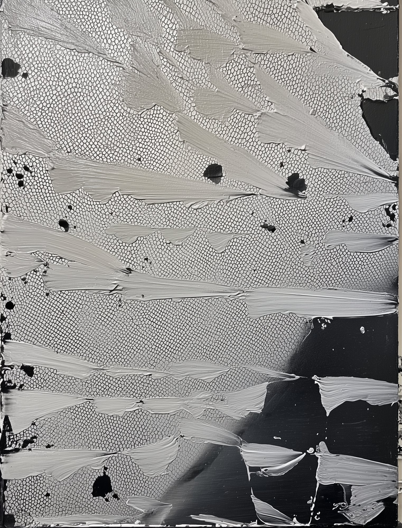 Shed, thick grey palette-knife strokes over a cracked web texture and black