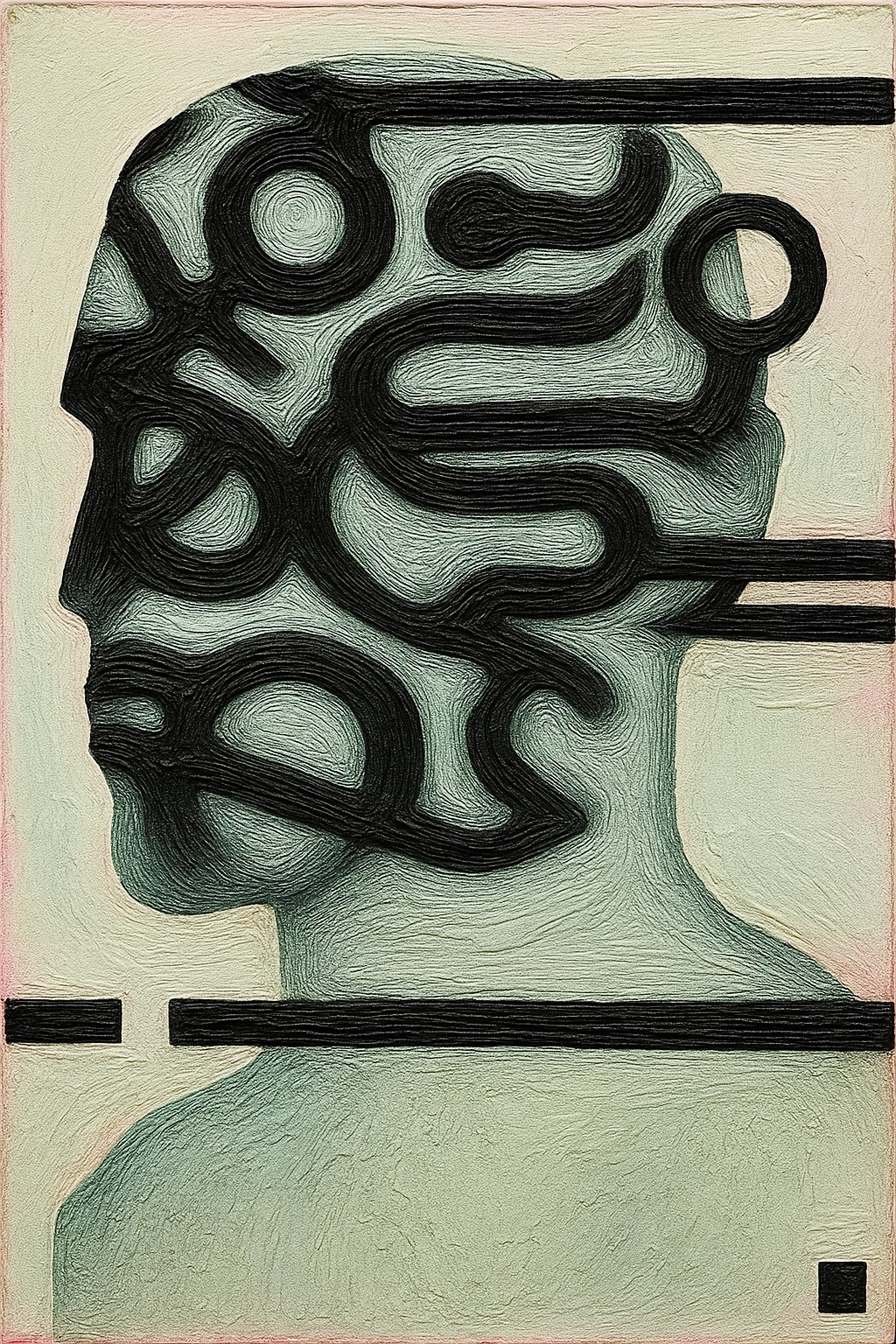 Sage green profile of a head filled with black looping lines