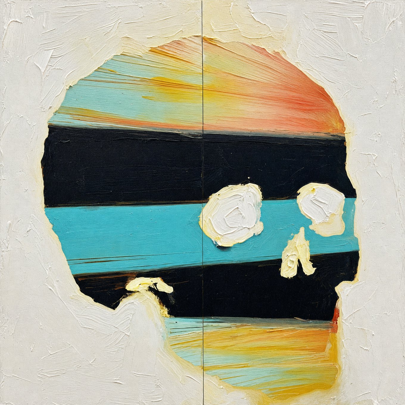 Profile of a skull filled with turquoise, black and sunset stripes on white