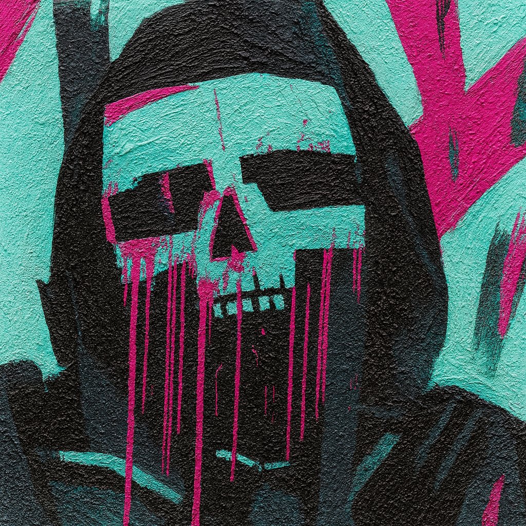 Hooded skull in black and turquoise with pink drips