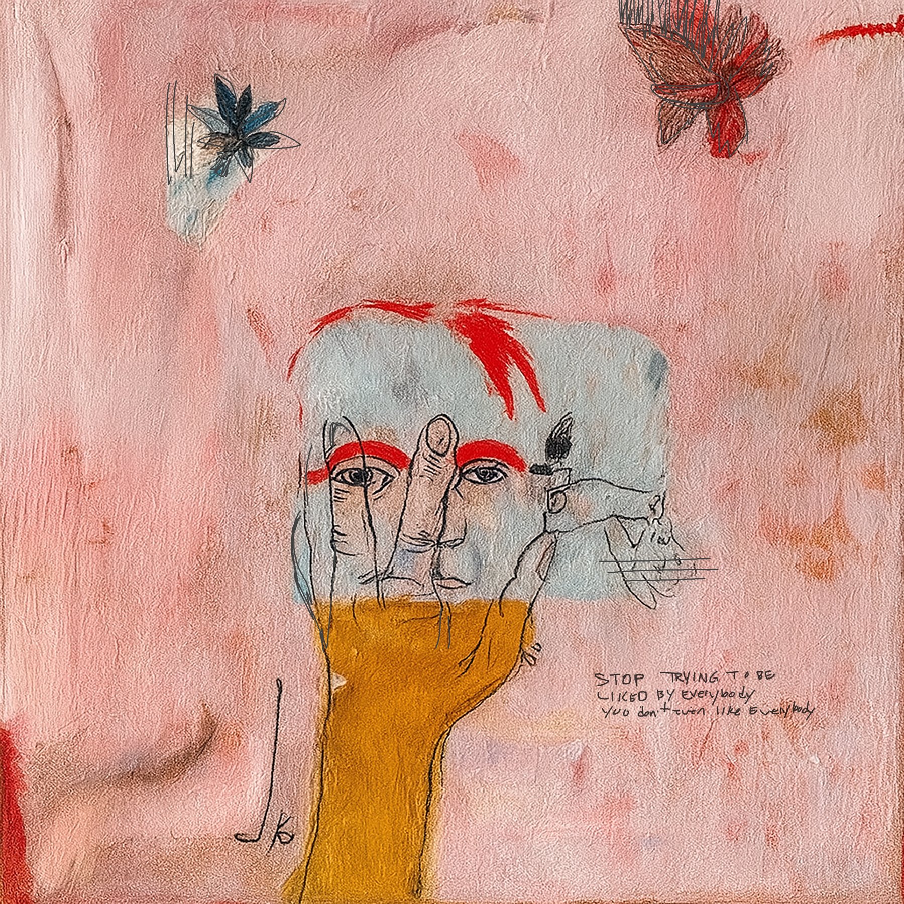 Stop Trying, a hand over a face with red brows on pink, with handwritten text