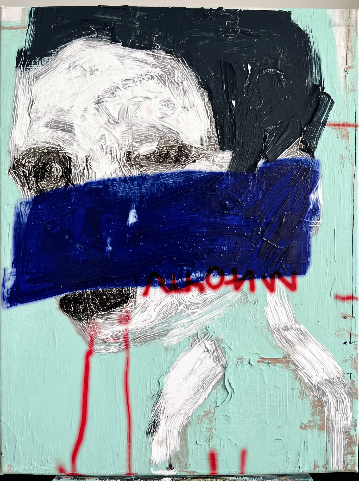 Band, white and black figure on mint green crossed by a thick blue band, red spray drips