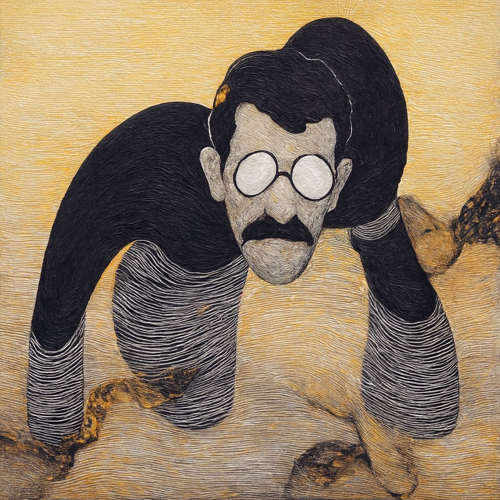 The Fight, a crouching figure with round glasses and a moustache in black and striped grey on textured ochre