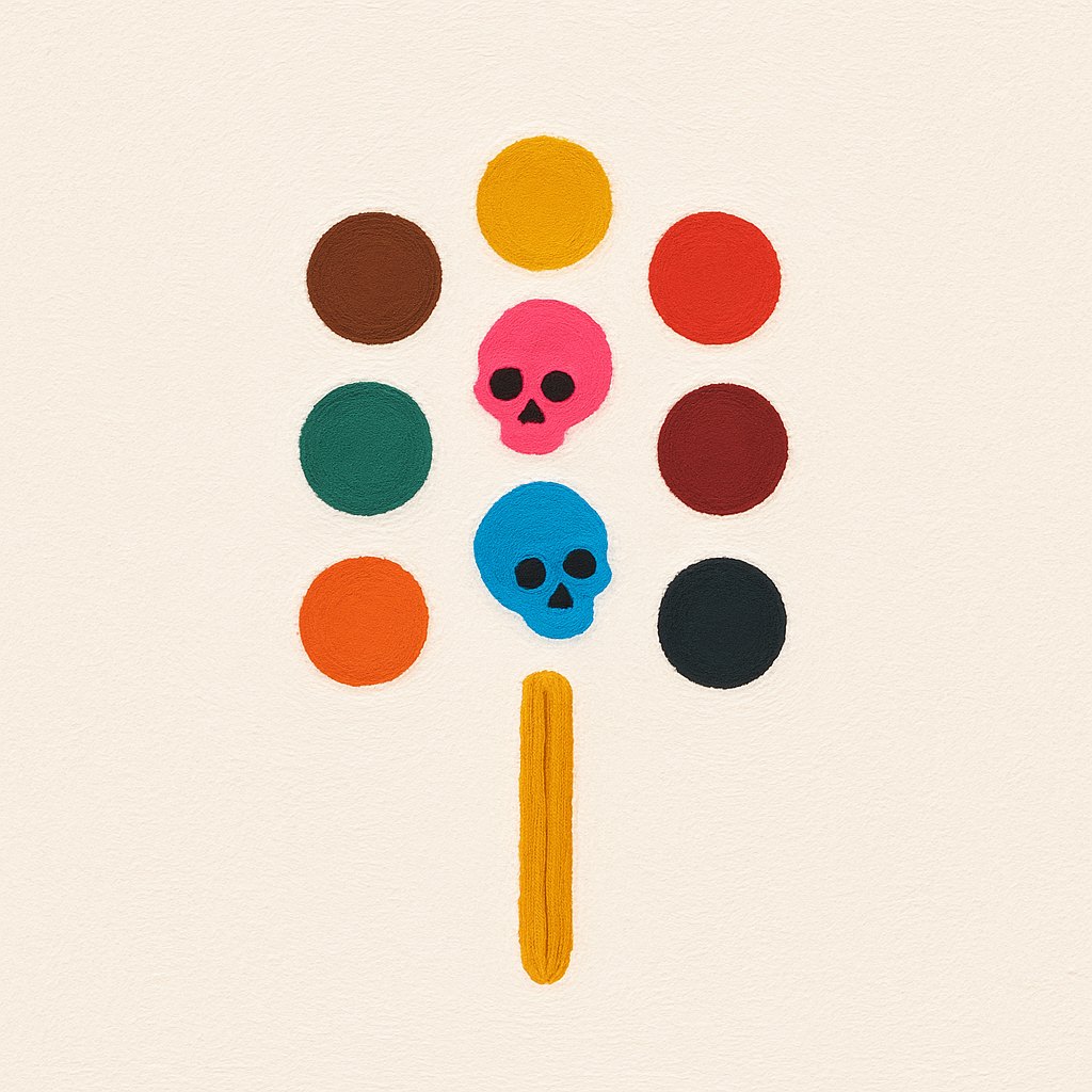 Coloured dots and two skulls on a stick, on cream