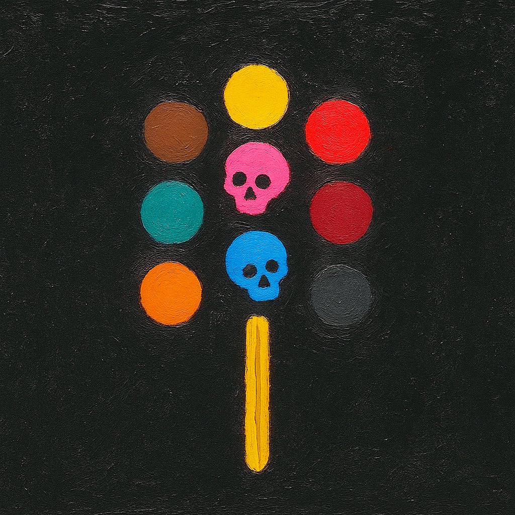 Coloured dots and two skulls on a stick, on black