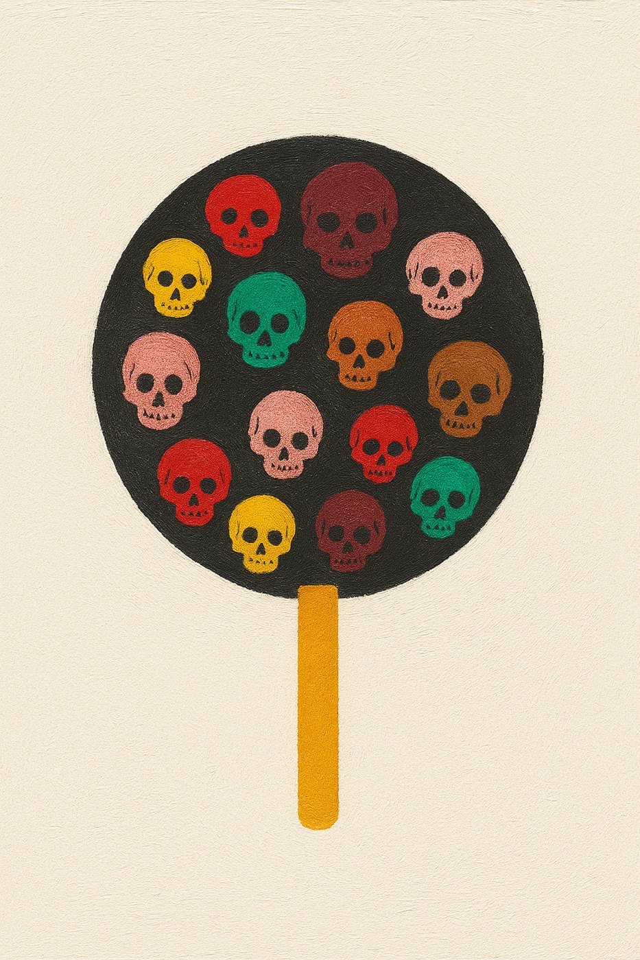 Lollipop of coloured skulls on black, on cream
