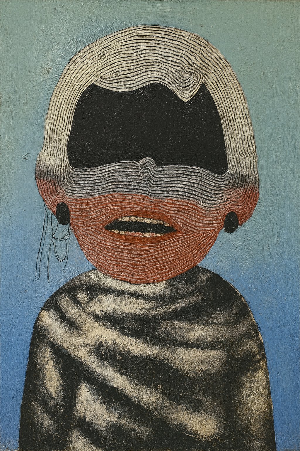 No Ordinary People, a figure with a coiled cream and red striped face, black void eyes and an open mouth, wrapped in grey, on blue