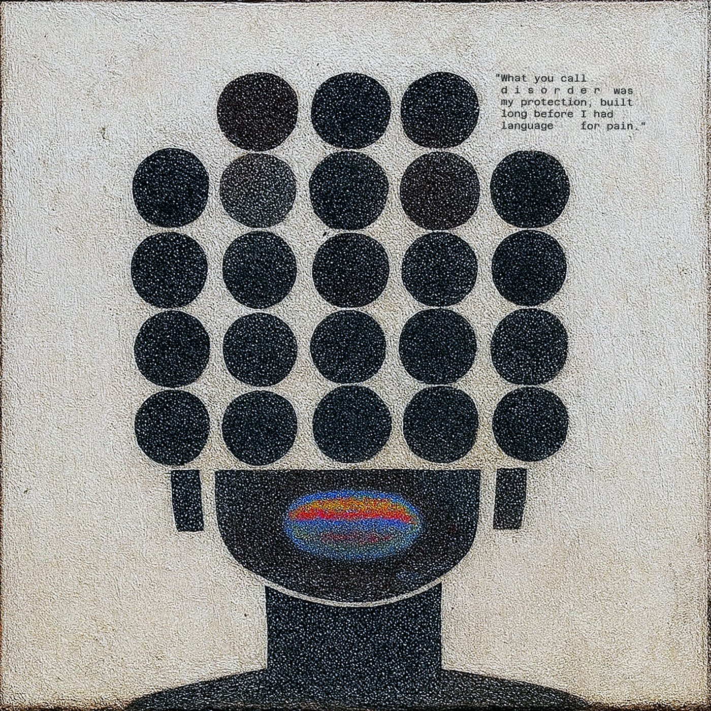Head of black dots with a rainbow mouth, text: What you call disorder was my protection