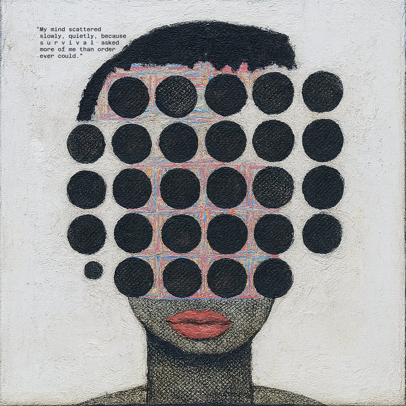 Face of black dots over a pastel grid with red lips, text: My mind scattered slowly