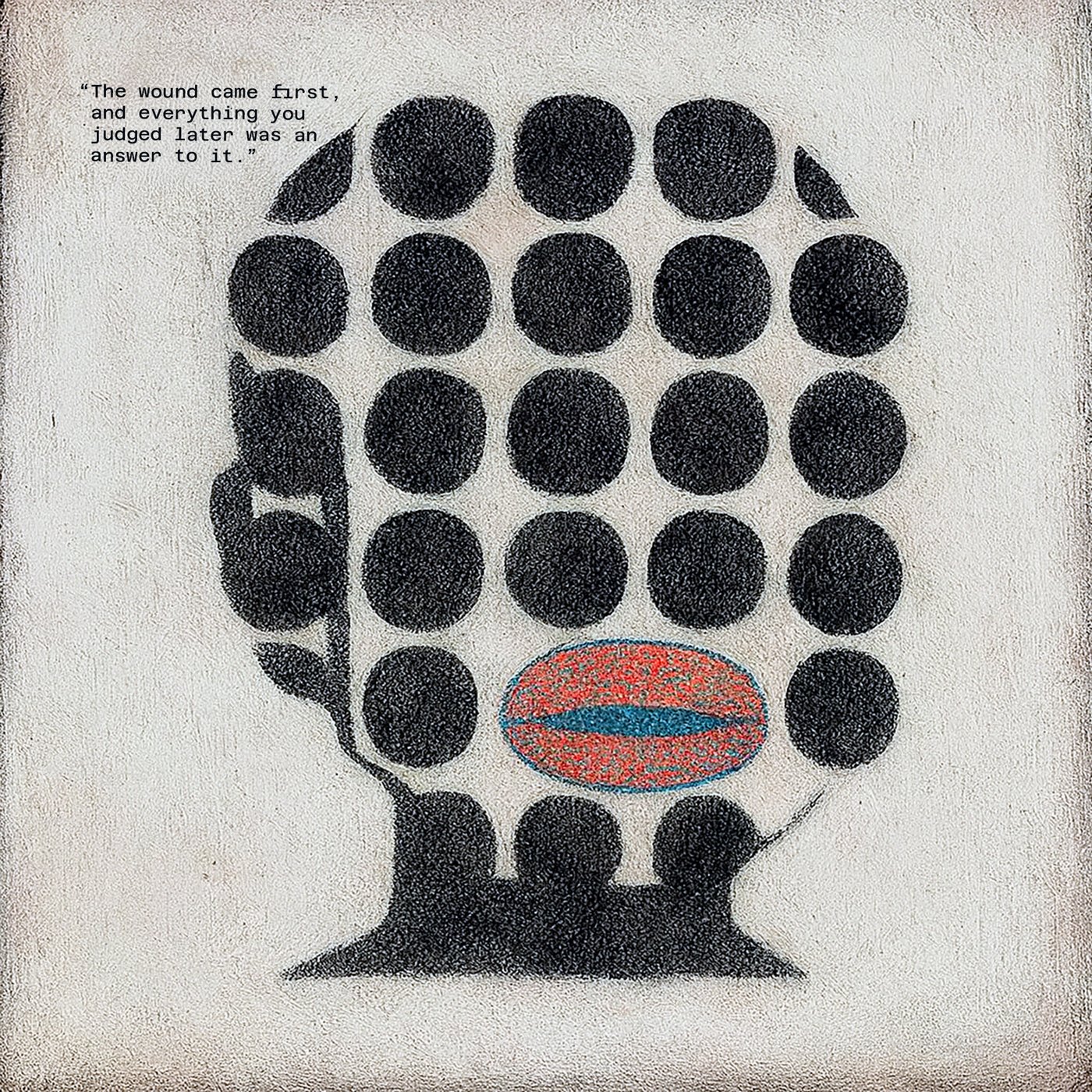 Head silhouette of black dots with a red mouth, text: The wound came first