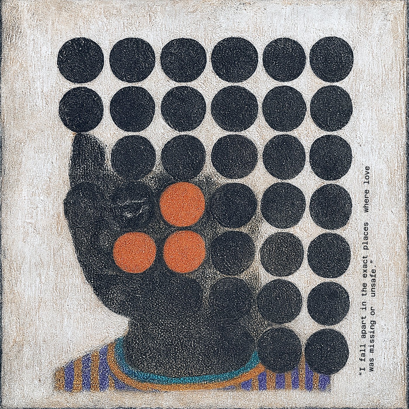 Figure behind black dots with three orange circles, text: I fall apart in the exact places
