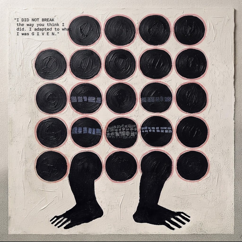 Face of black dots over a woven grid, text: I did not break the way you think I did