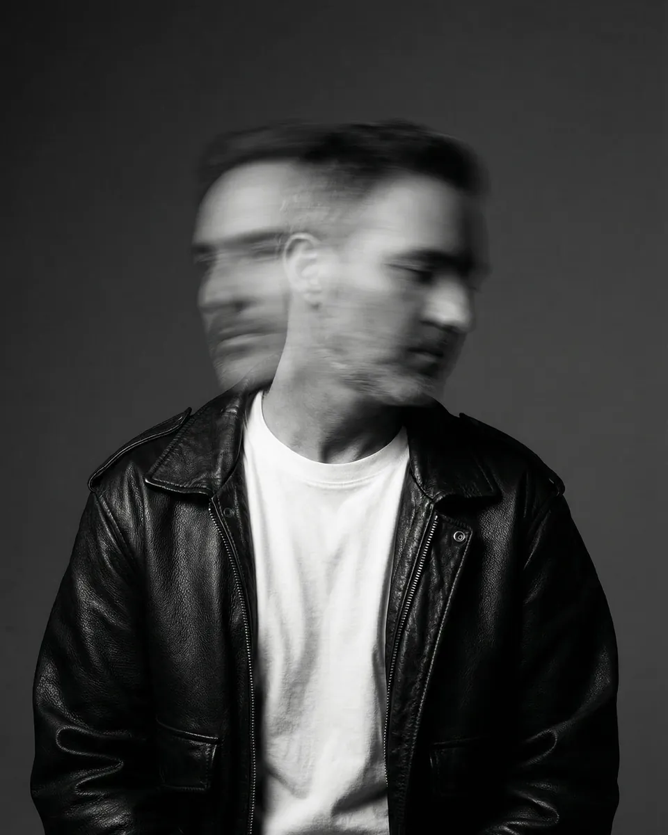 Motion-blurred black and white portrait of K_SICK in a leather jacket