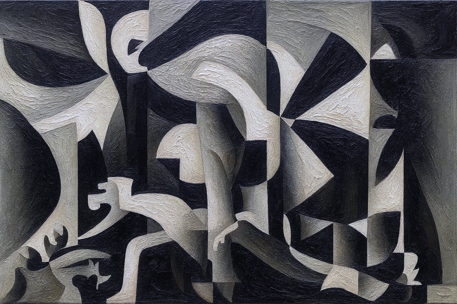 Large black, white and grey abstract painting of fractured interlocking forms
