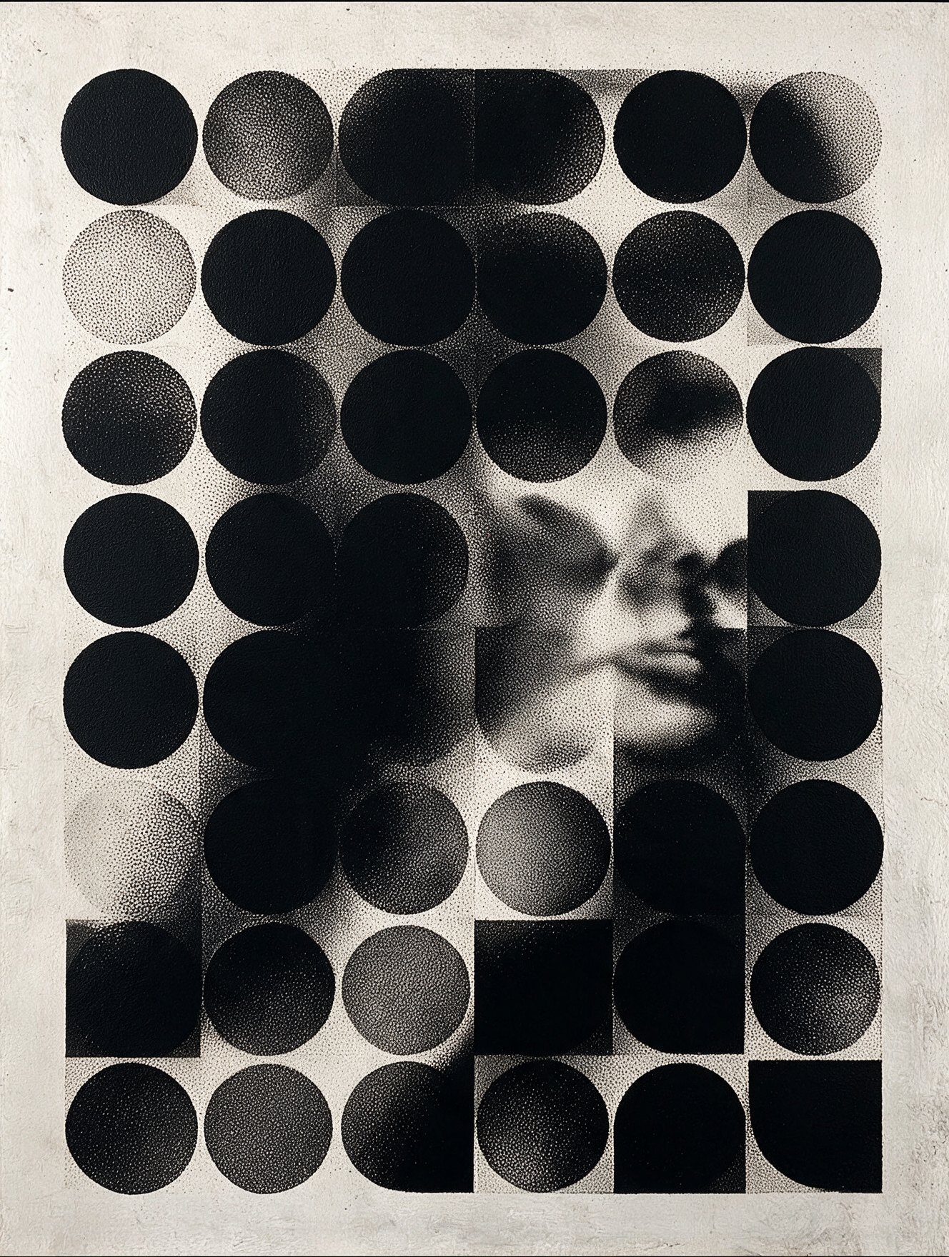 Mona #6, a stippled portrait of the Mona Lisa broken into black circles and blocks