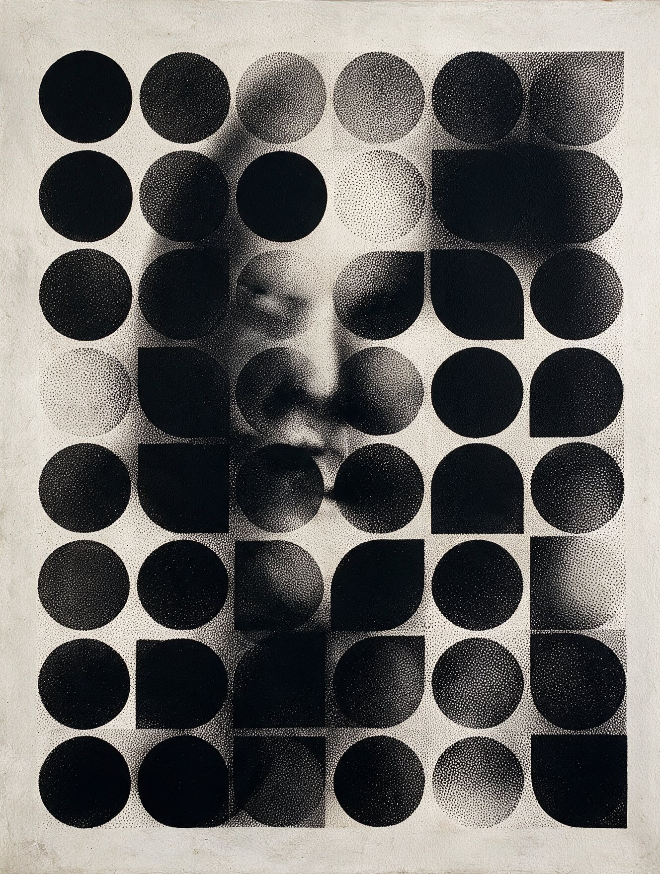 Mona #7, a stippled portrait of the Mona Lisa broken into black circles and blocks