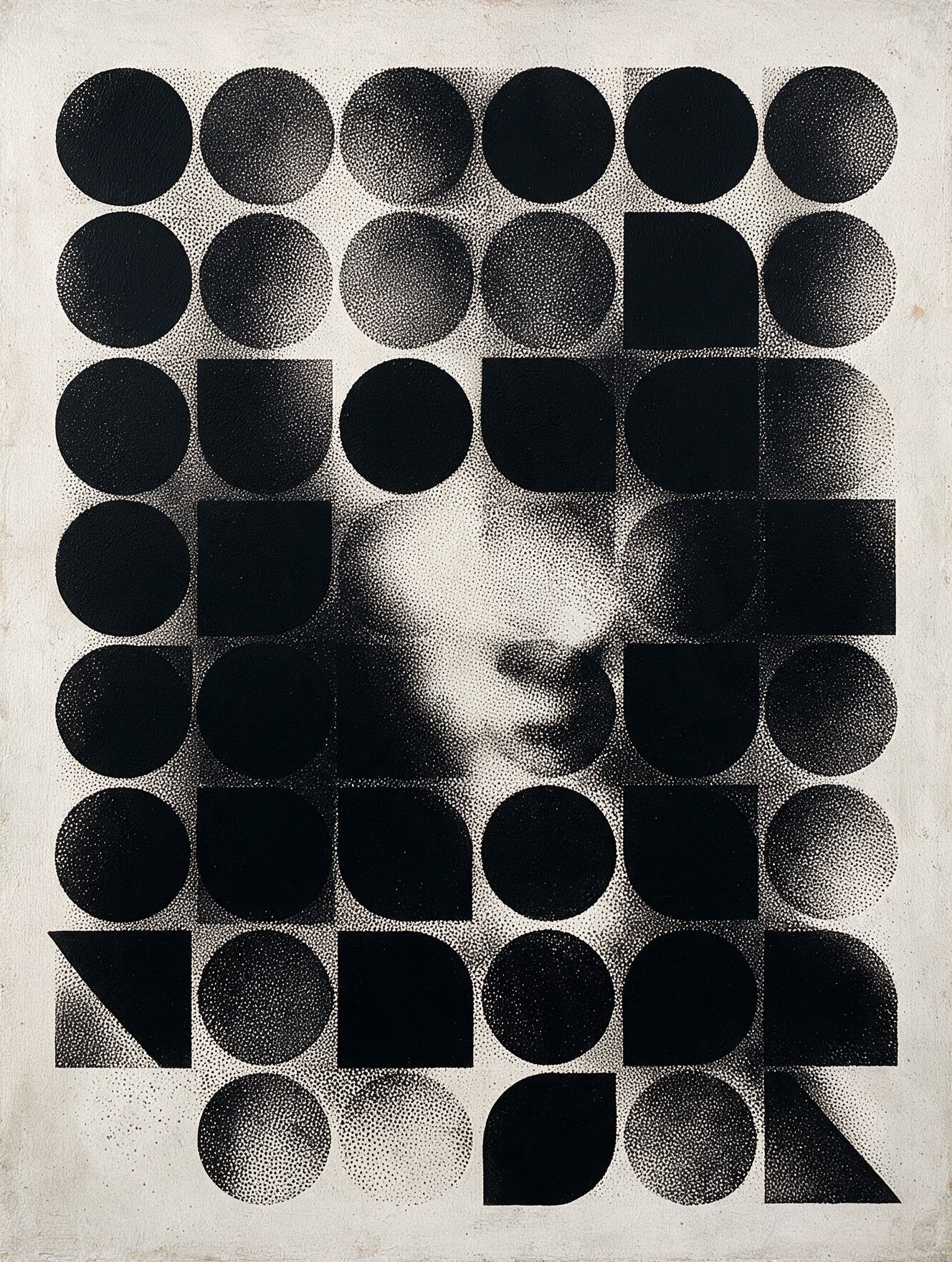 Mona #8, a stippled portrait of the Mona Lisa broken into black circles and blocks