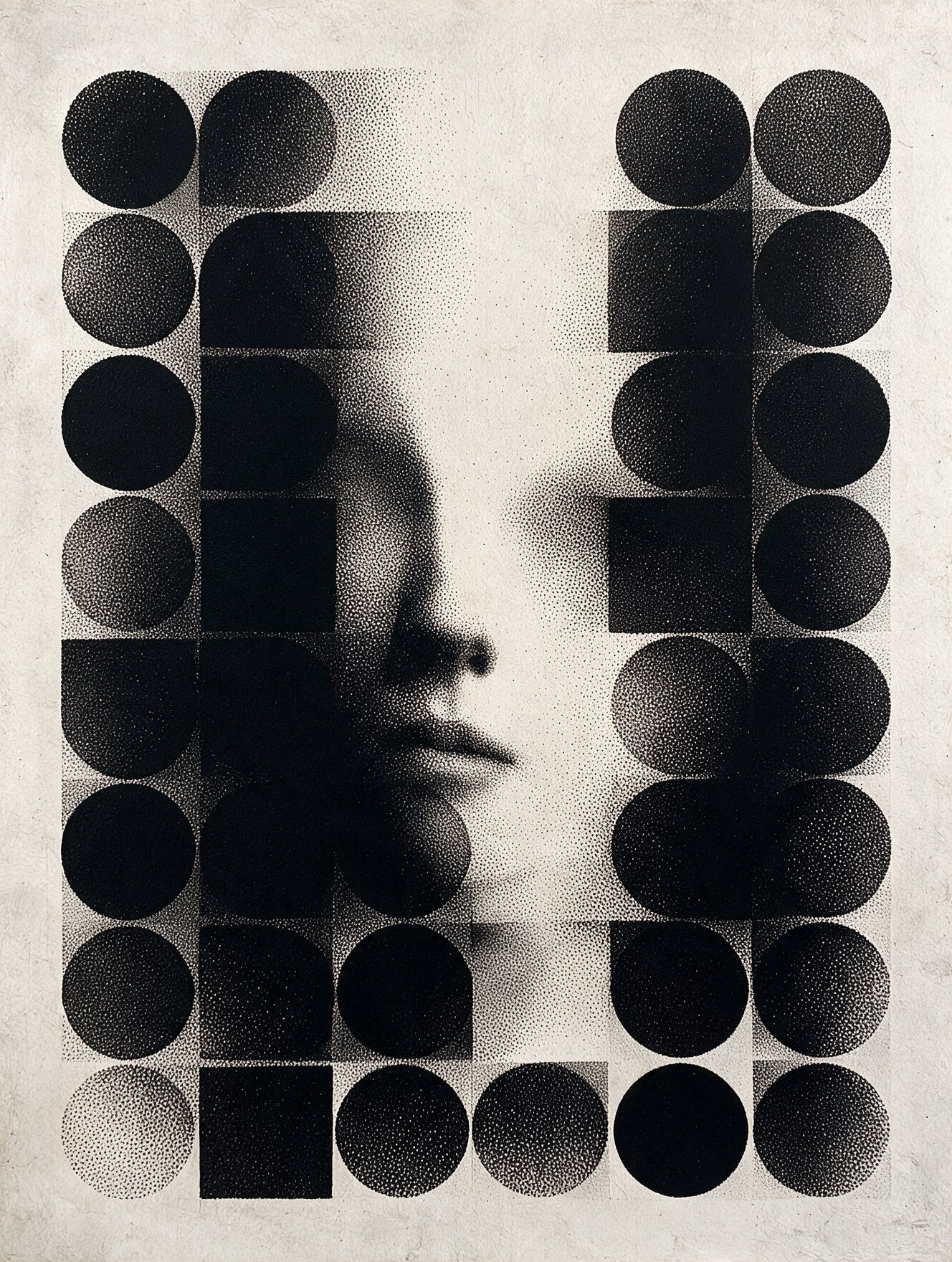 Mona #9, a stippled portrait of the Mona Lisa broken into black circles and blocks