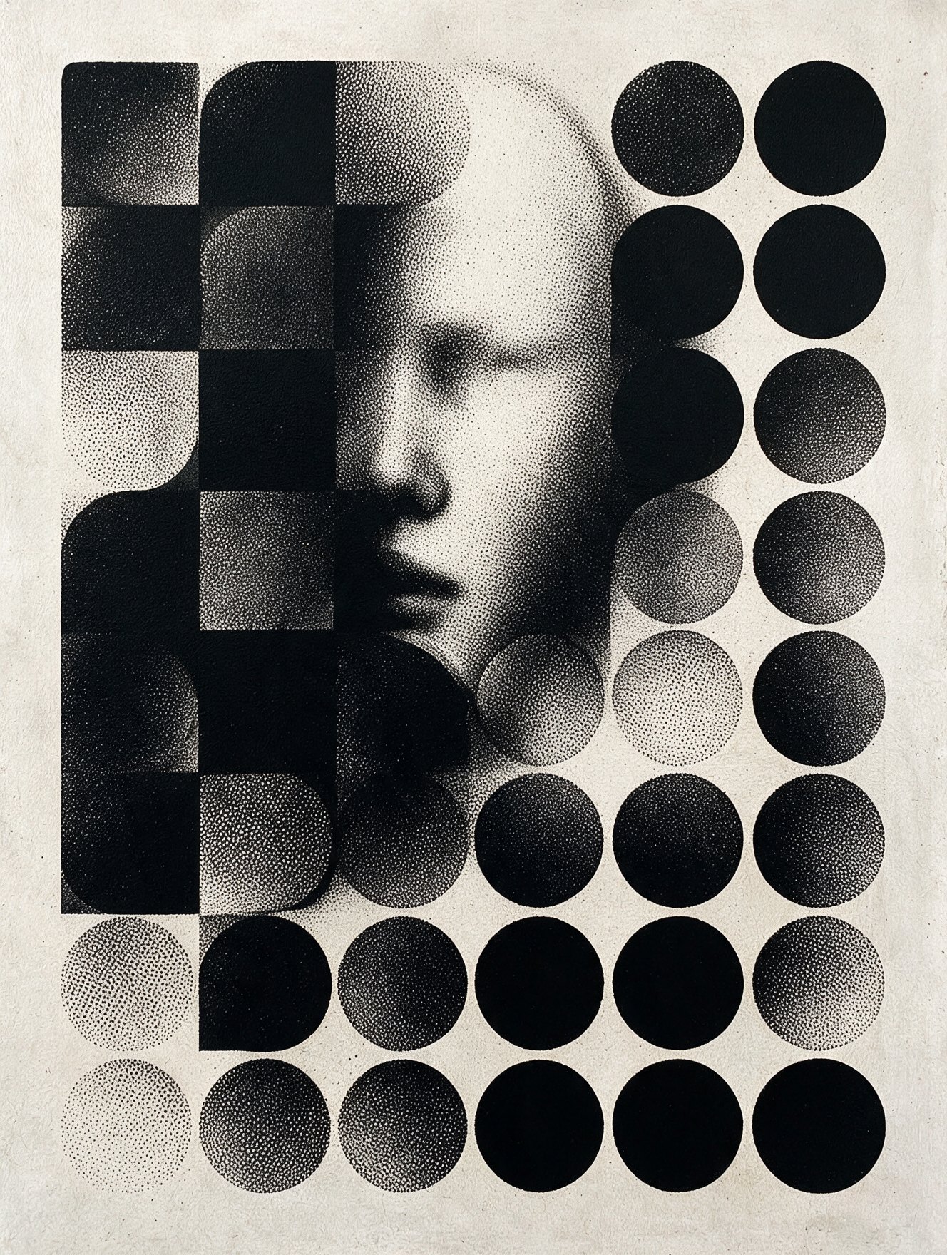 Mona #10, a stippled portrait of the Mona Lisa broken into black circles and blocks