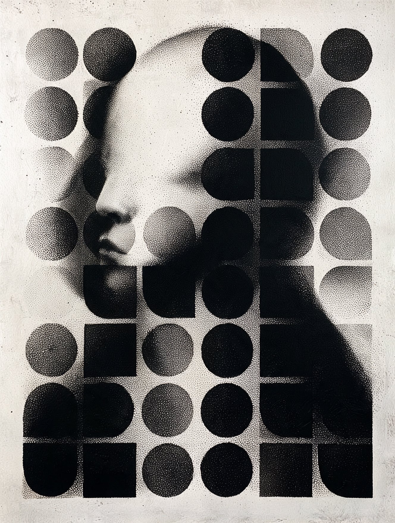 Mona #11, a stippled portrait of the Mona Lisa broken into black circles and blocks