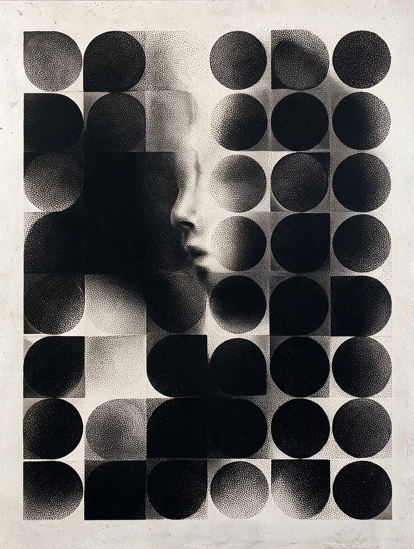 Mona #12, a stippled portrait of the Mona Lisa broken into black circles and blocks