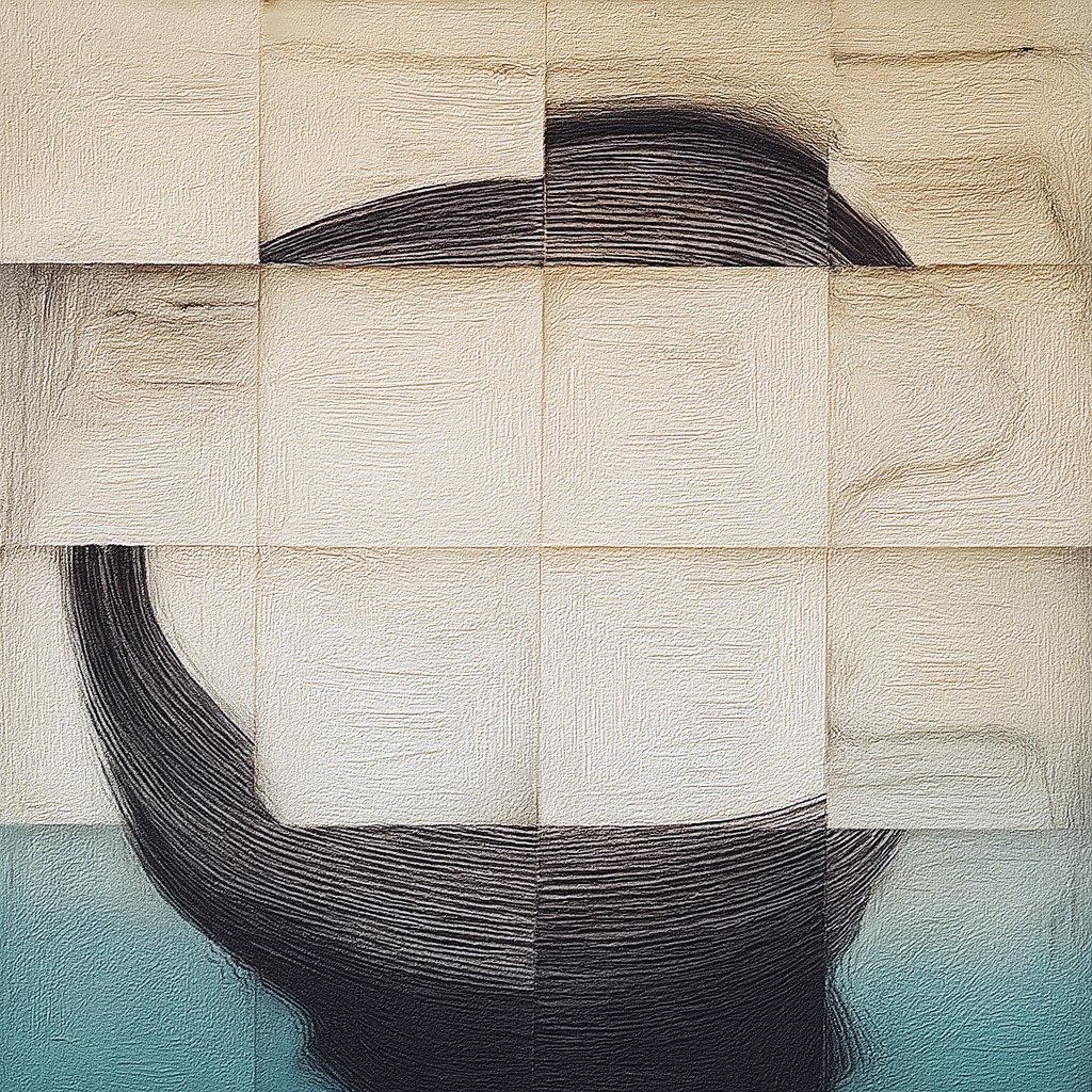 Night Sw_m #1, square textured painting of soft gridded panels with dark marks