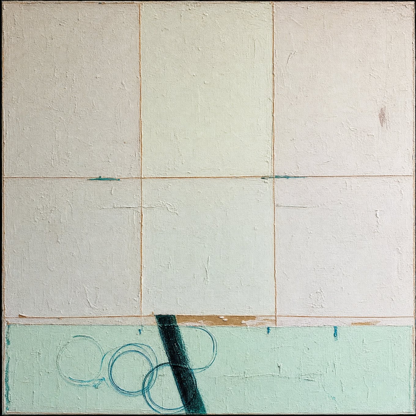 Night Sw_m #3, square textured painting of soft gridded panels with dark marks