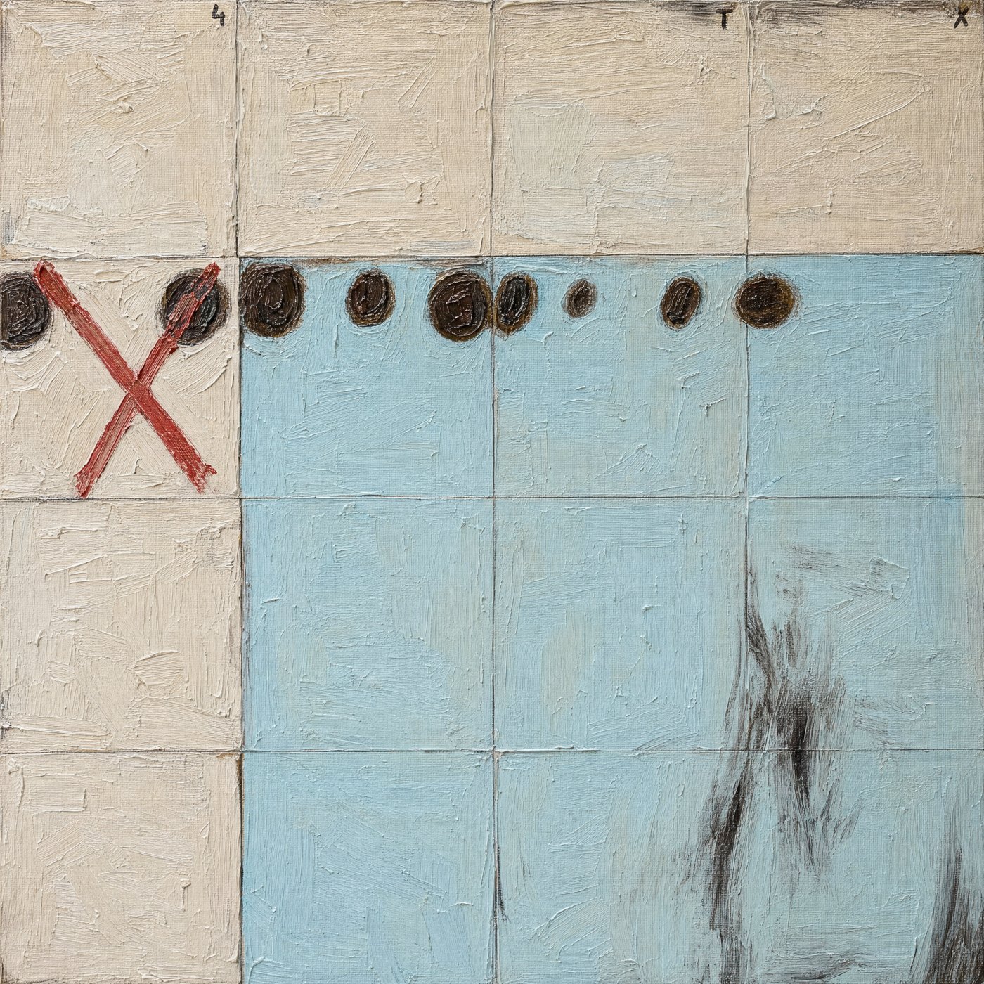 Night Sw_m #5, square textured painting of soft gridded panels with dark marks