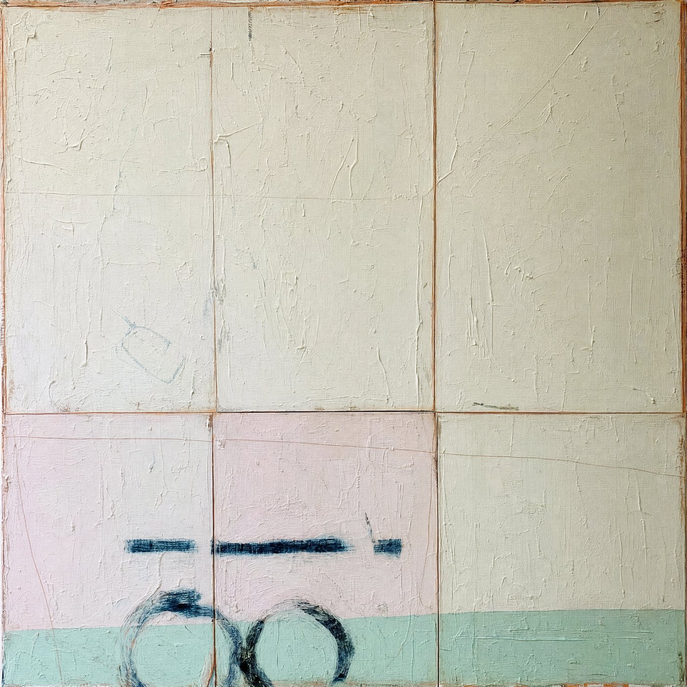 Night Sw_m #6, square textured painting of soft gridded panels with dark marks