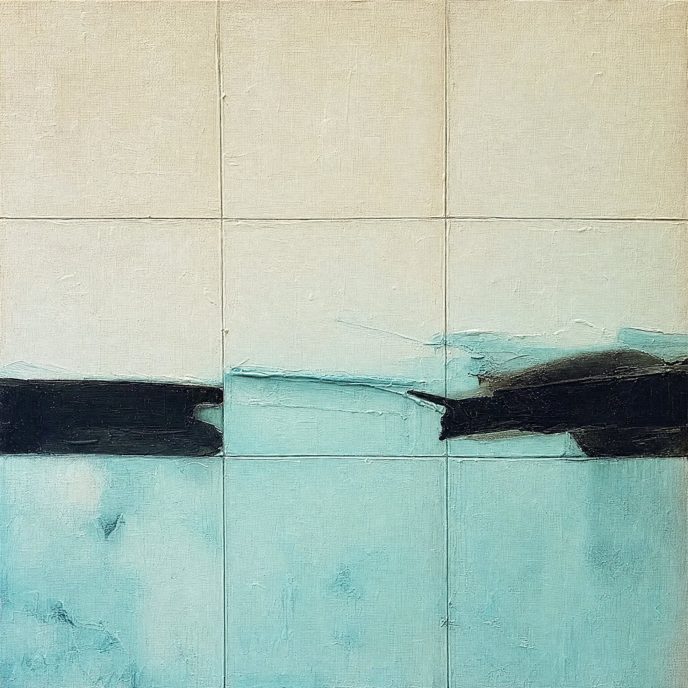 Night Sw_m #7, square textured painting of soft gridded panels with dark marks