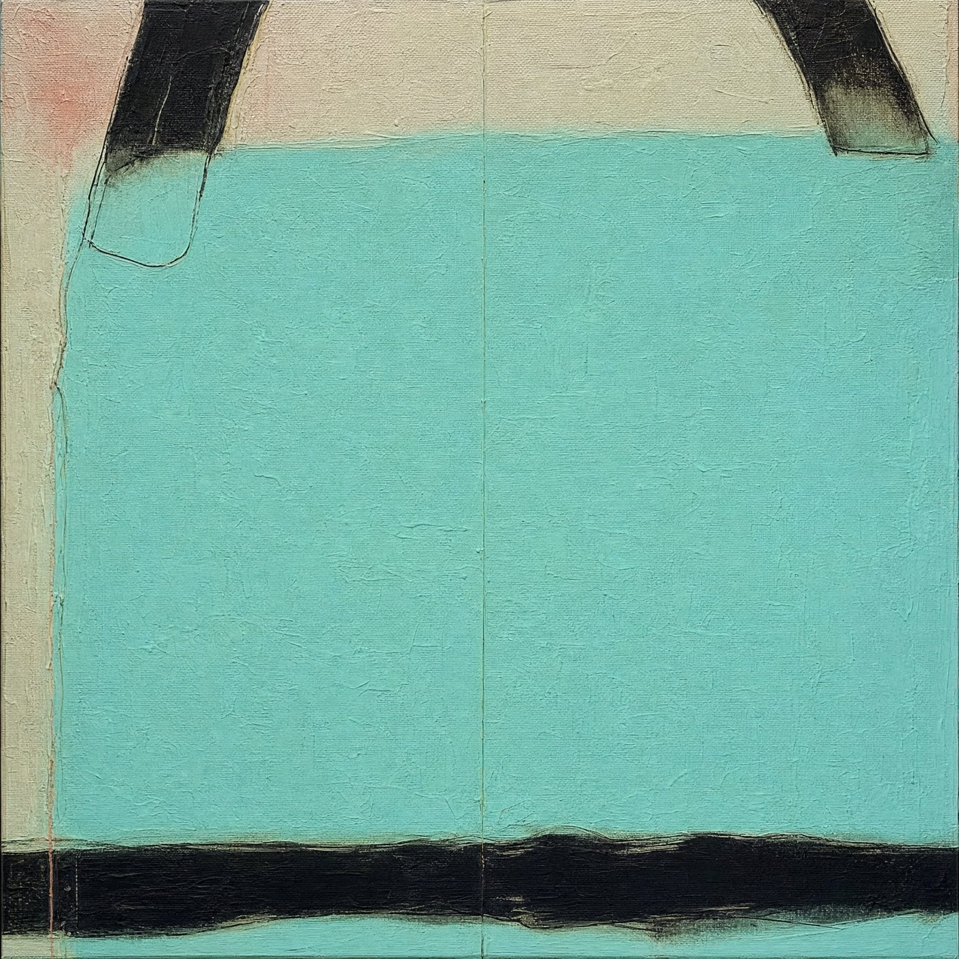 Night Sw_m #8, square textured painting of soft gridded panels with dark marks
