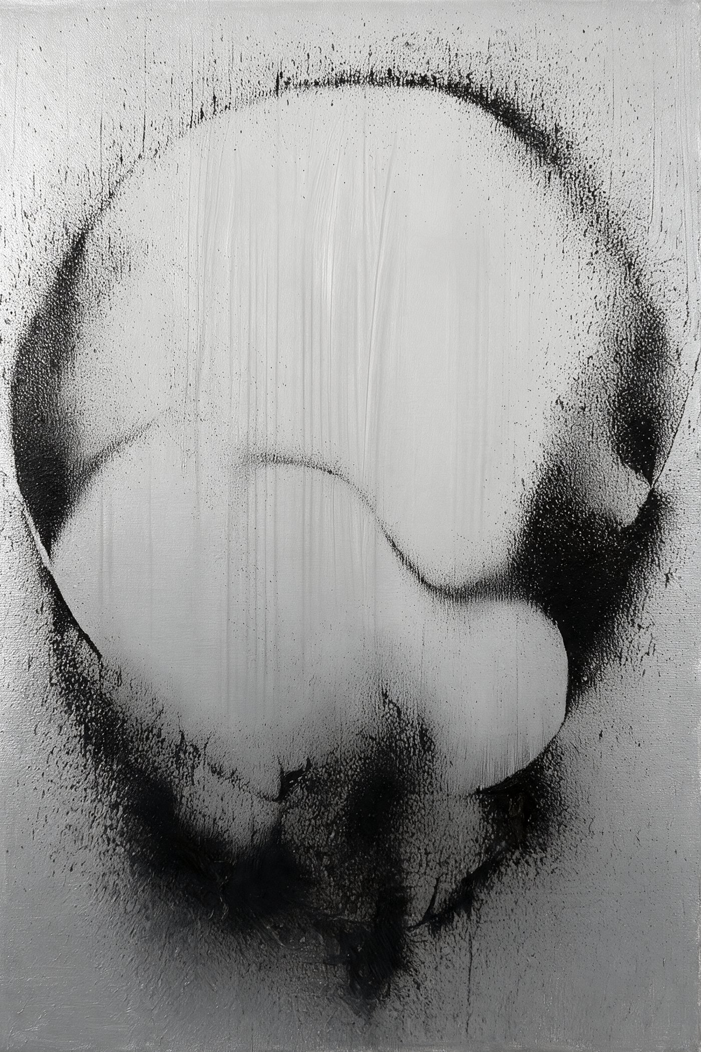 Transformation #3, a sprayed black head form dissolving into pale grey